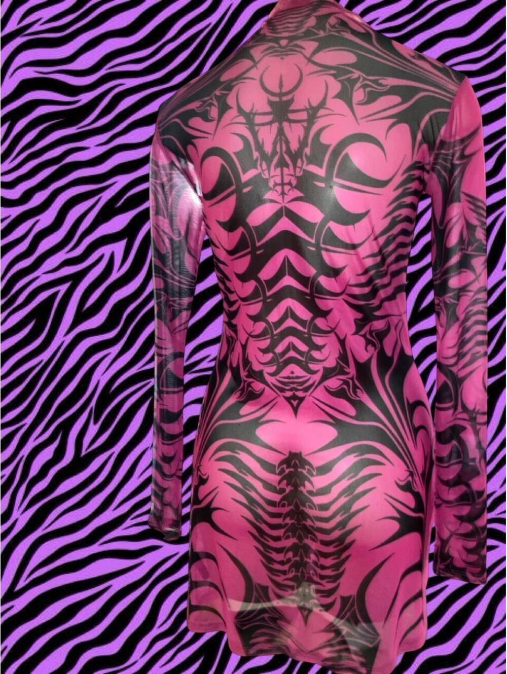 SICKK Widow black/pink mesh tattoo dress with black/pink tribal-sty - Picture 4 of 8